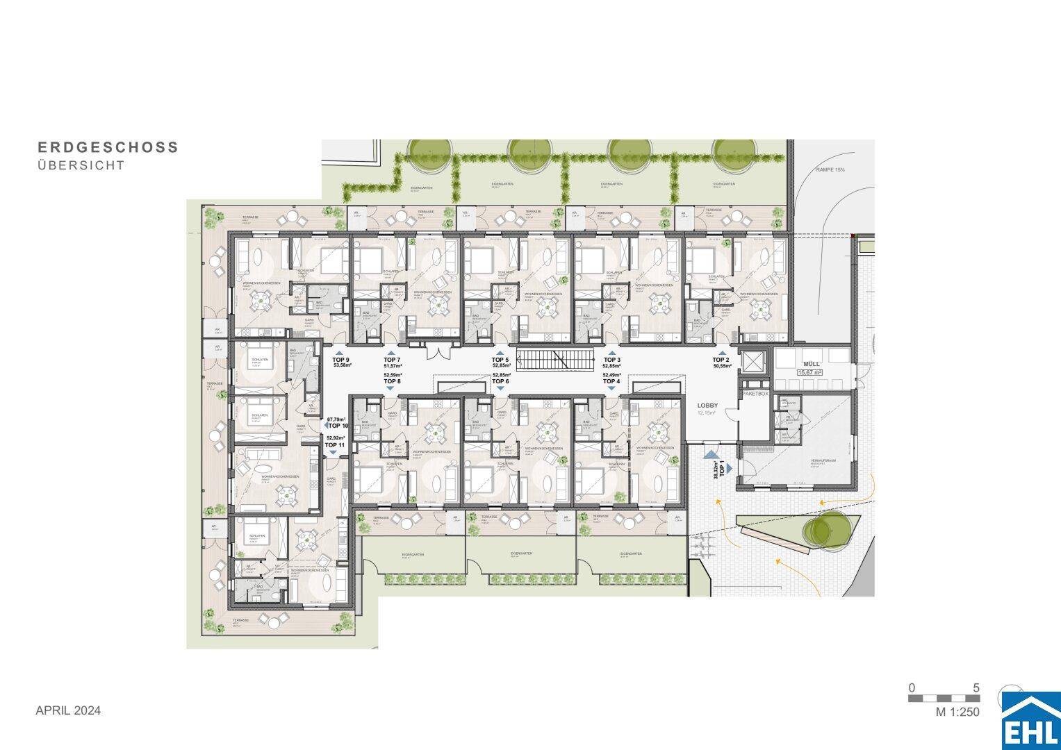 Grundriss des Erdgeschosses mit mehreren Wohneinheiten, Terrassen und direktem Gartenzugang.
