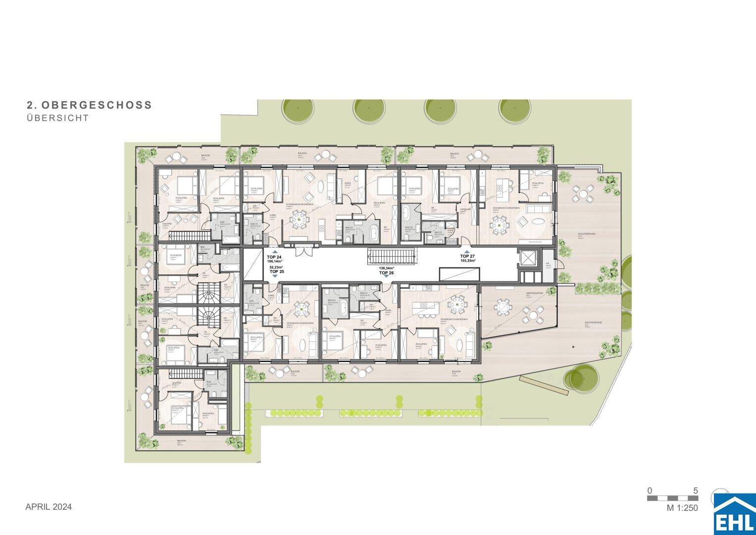 Grundriss des zweiten Obergeschosses mit verschiedenen Wohneinheiten und großzügigen Terrassen.