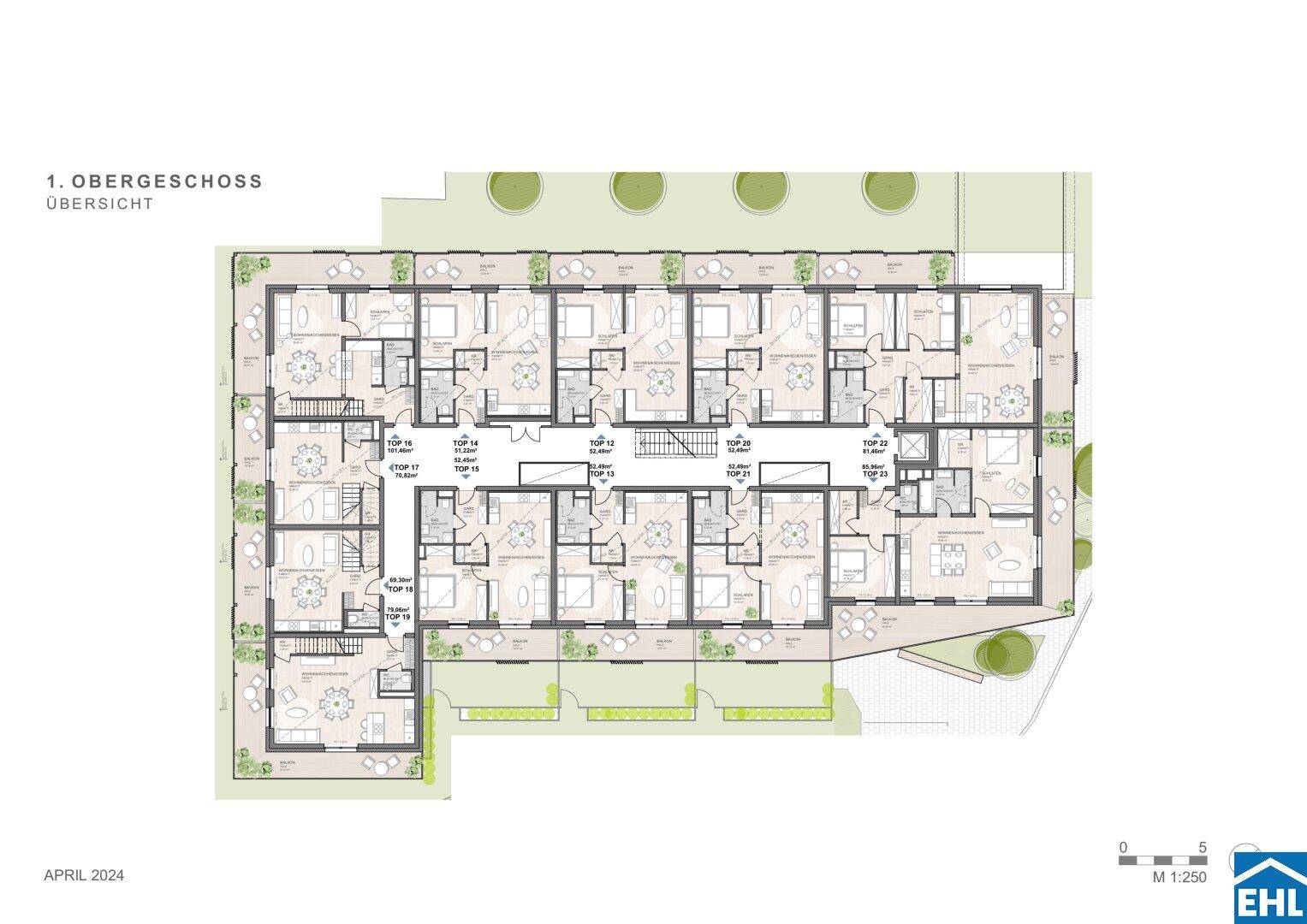 Grundriss des 1. Obergeschosses mit mehreren Wohneinheiten, Balkonen und Terrassen.