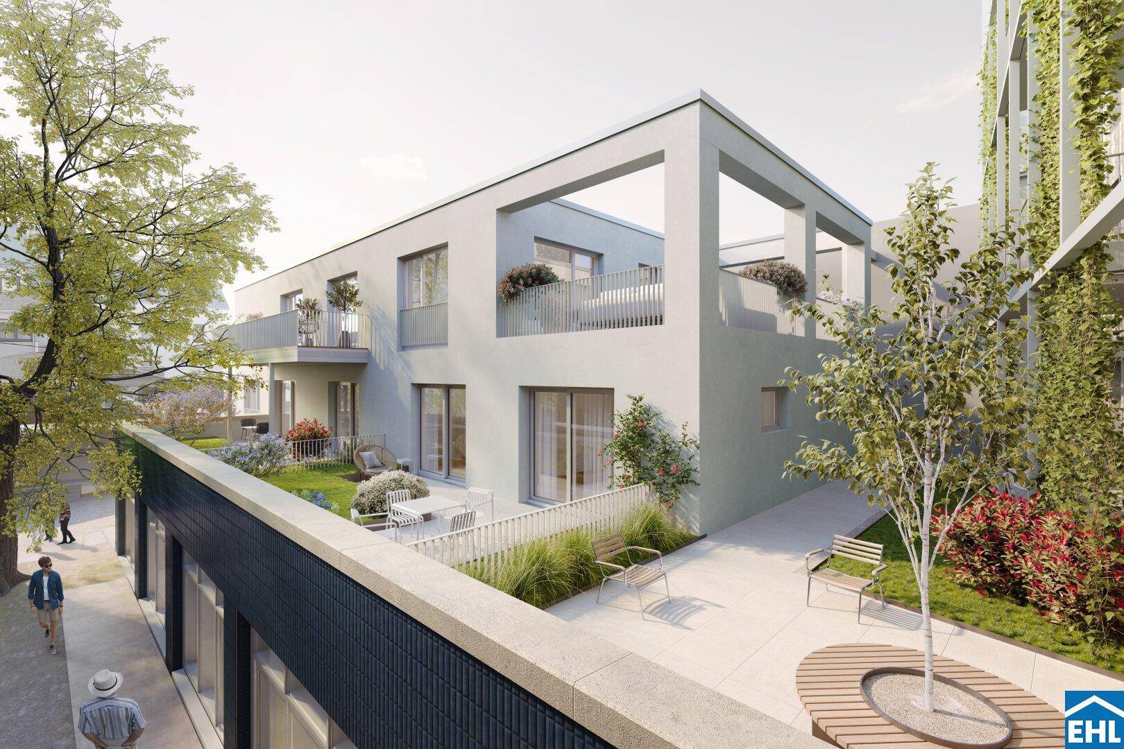 Moderne Wohnanlage mit begrünten Innenhöfen, Terrassen und Balkonen in zeitgenössischer Architektur.