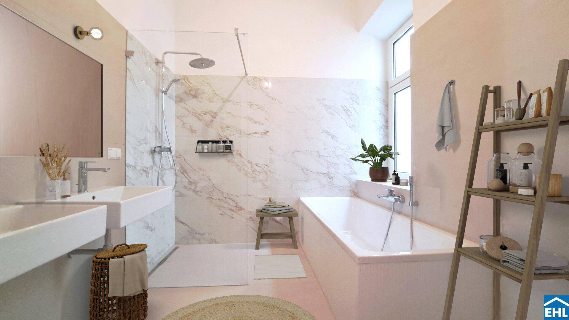 Modernes Badezimmer mit Marmorfliesen, Doppelwaschbecken, Badewanne und begehbarer Dusche.