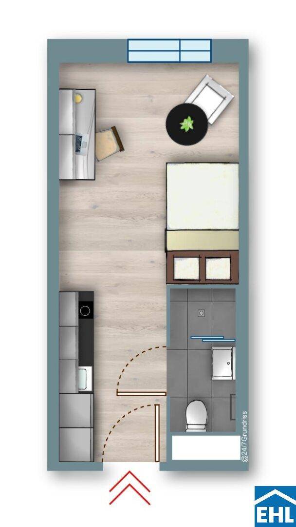 Grundriss eines Studio-Apartments mit Schlafbereich, Küchenzeile und Bad.