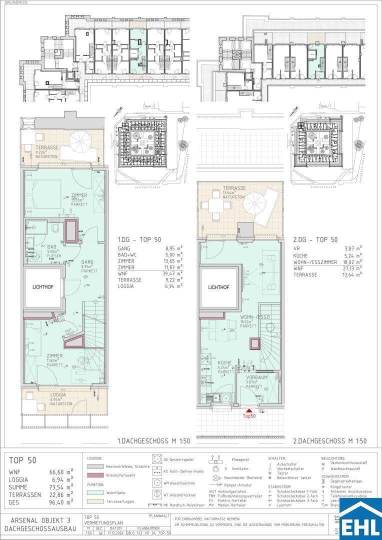 Detaillierter Grundrissplan mit verschiedenen Etagenlayouts und Flächenangaben.