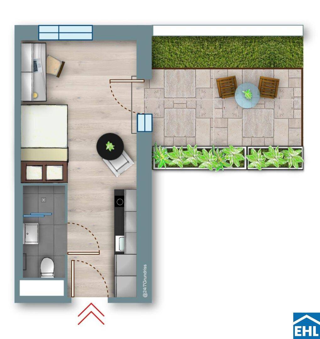 Grundriss eines Studio-Apartments mit integrierter Küchenzeile und Terrasse.