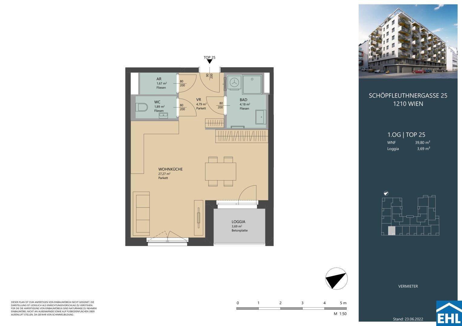 Grundriss einer Wohnung mit Wohnküche, Loggia und separatem WC.