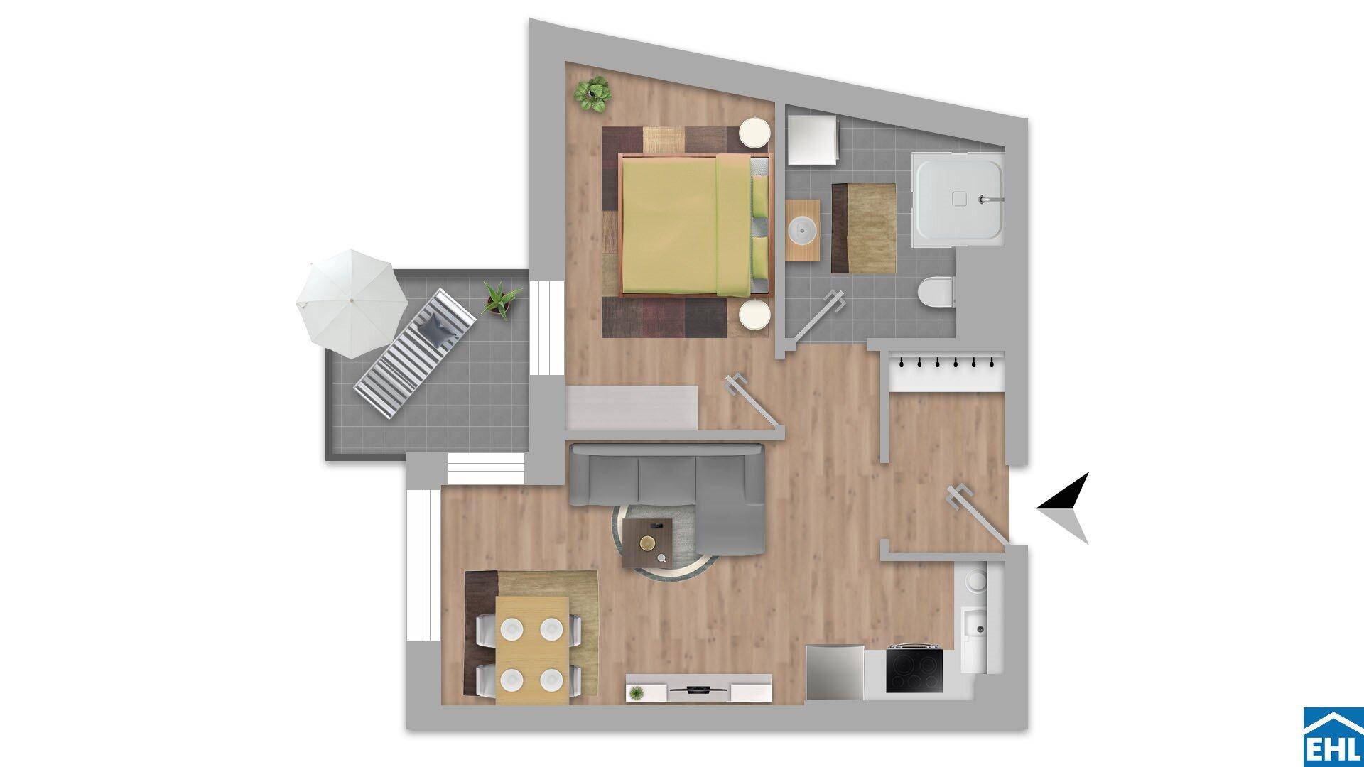 Grundriss einer Wohnung mit offenem Wohnbereich, Schlafzimmer und Balkon.