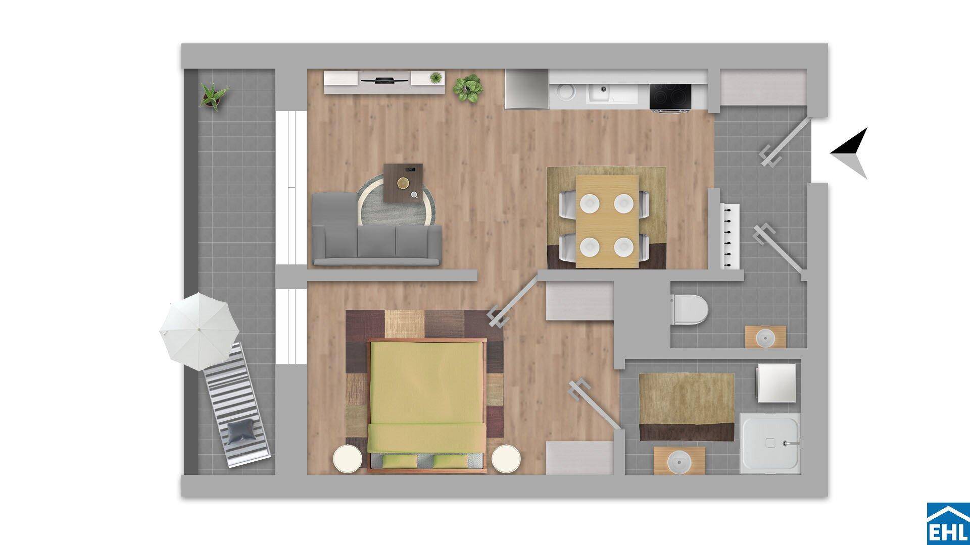 Grundriss einer Wohnung mit offenem Wohnbereich, Schlafzimmer, Bad und Balkon.