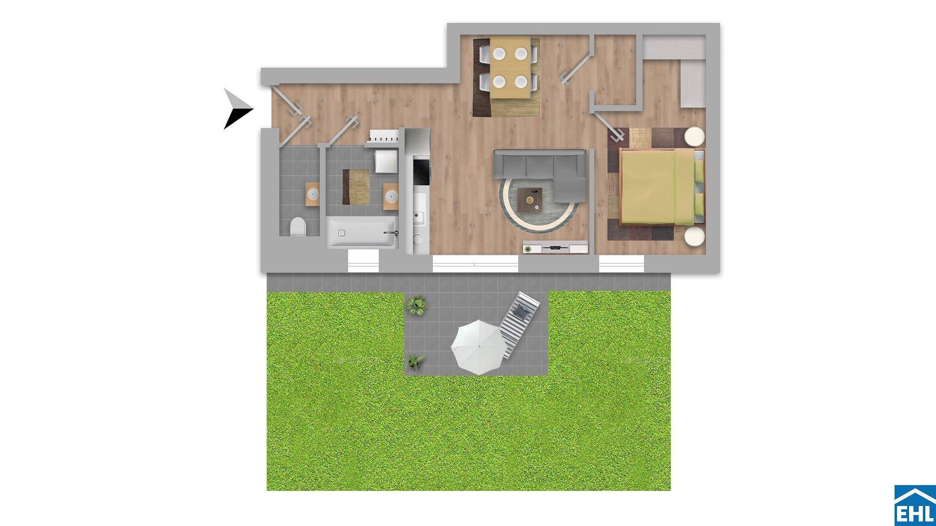 Grundriss einer Wohnung mit offenem Wohnbereich, Schlafzimmer, Badezimmer und direktem Zugang zu einem Garten mit Terrasse.