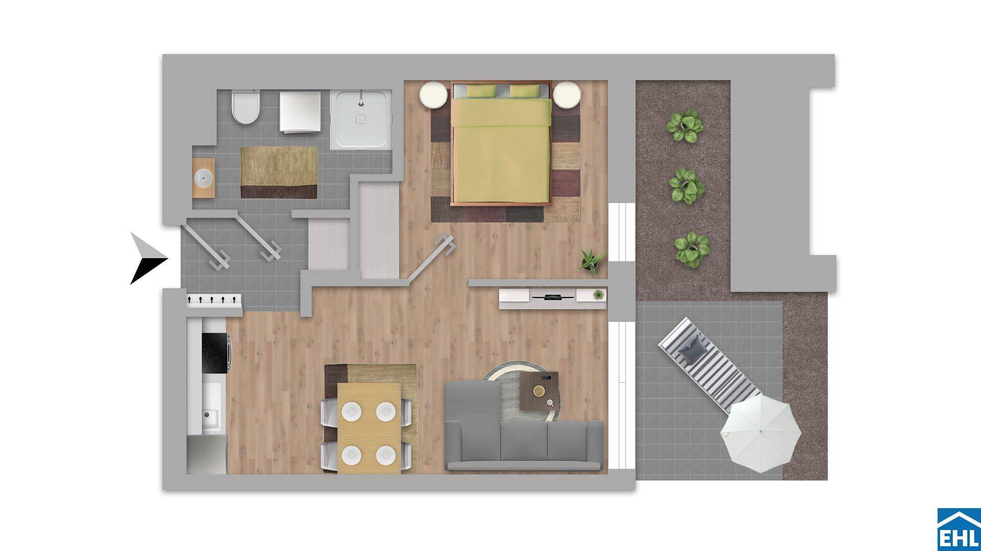 Übersichtlicher Grundriss einer Wohnung mit offenem Wohnbereich, Schlafzimmer, Bad und großer Terrasse.