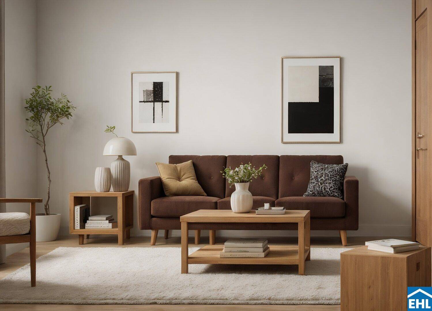 Gemütliches Wohnzimmer mit braunem Sofa, hellem Teppich, Holzmöbeln und moderner Kunst, ideal zum Entspannen.