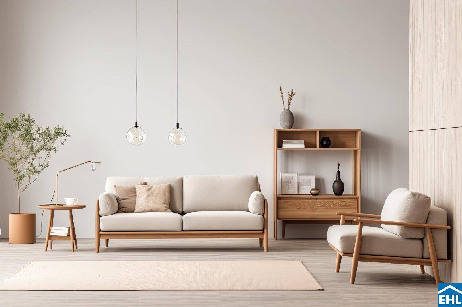 Modernes Wohnzimmer mit beigem Sofa, Sessel und Holzregal auf hellem Parkettboden.