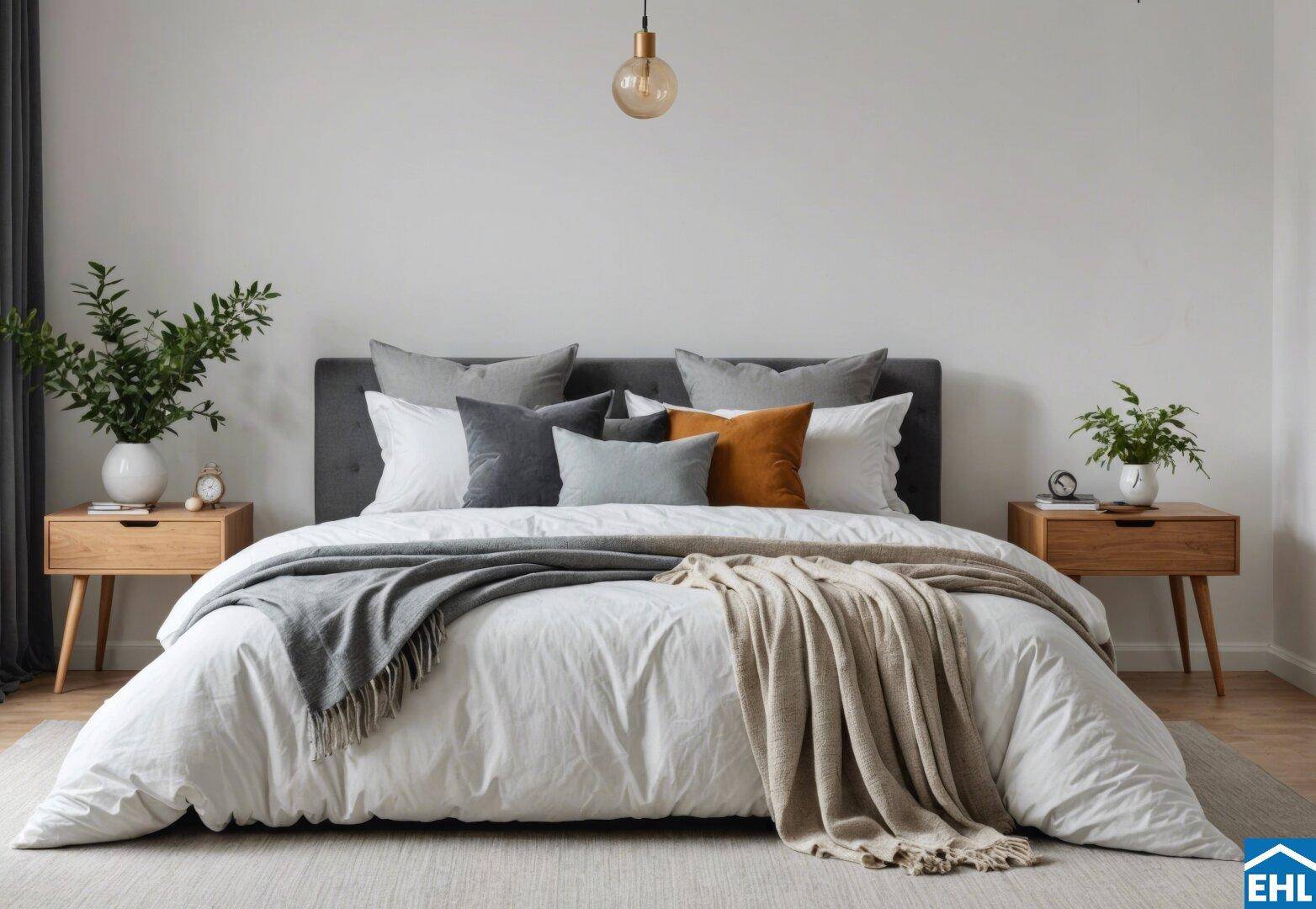 Gemütliches Schlafzimmer mit grauem Kopfteil, Holznachttischen und weichen Decken in neutralen Farben.