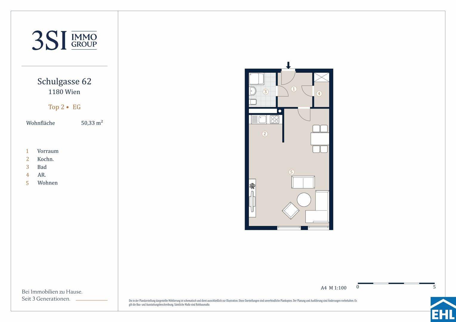 Detaillierter Grundriss einer 50,33 m² großen Wohnung mit separatem Bad und Wohnbereich.