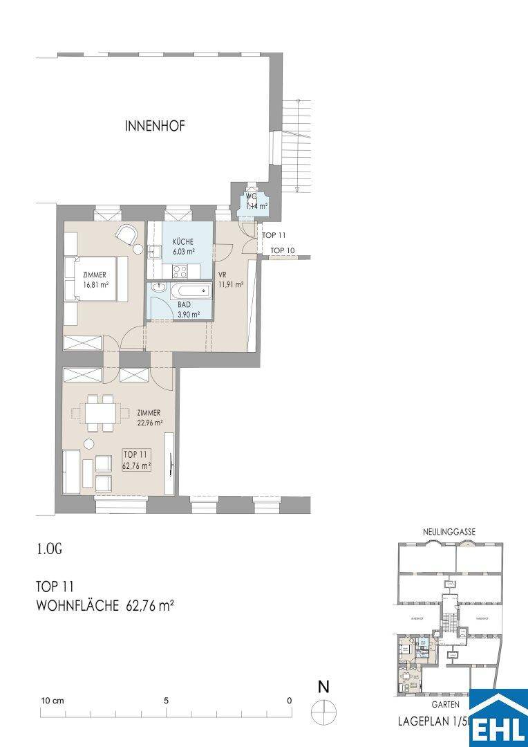 Grundriss der Wohnung Top 11 mit Küche, Bad, Zimmern und Zugang zum Innenhof.