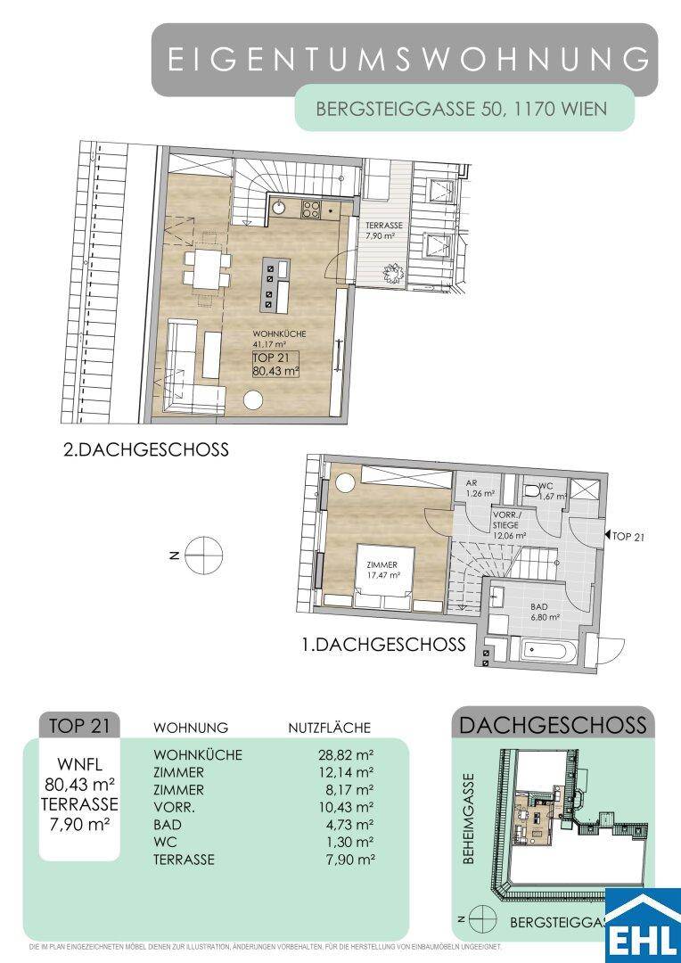 Grundrisspläne für zwei Dachgeschossebenen mit Wohnküche, Zimmern und Terrasse.