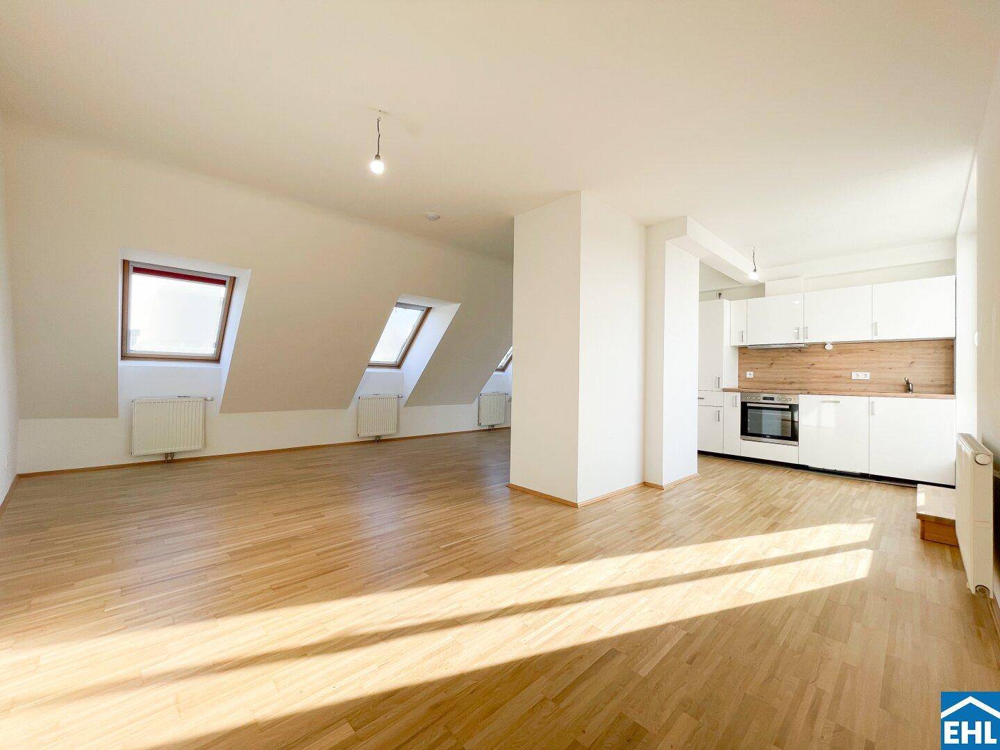 Offener Wohnbereich mit integrierter Küche, Holzboden und viel Tageslicht durch Dachfenster.