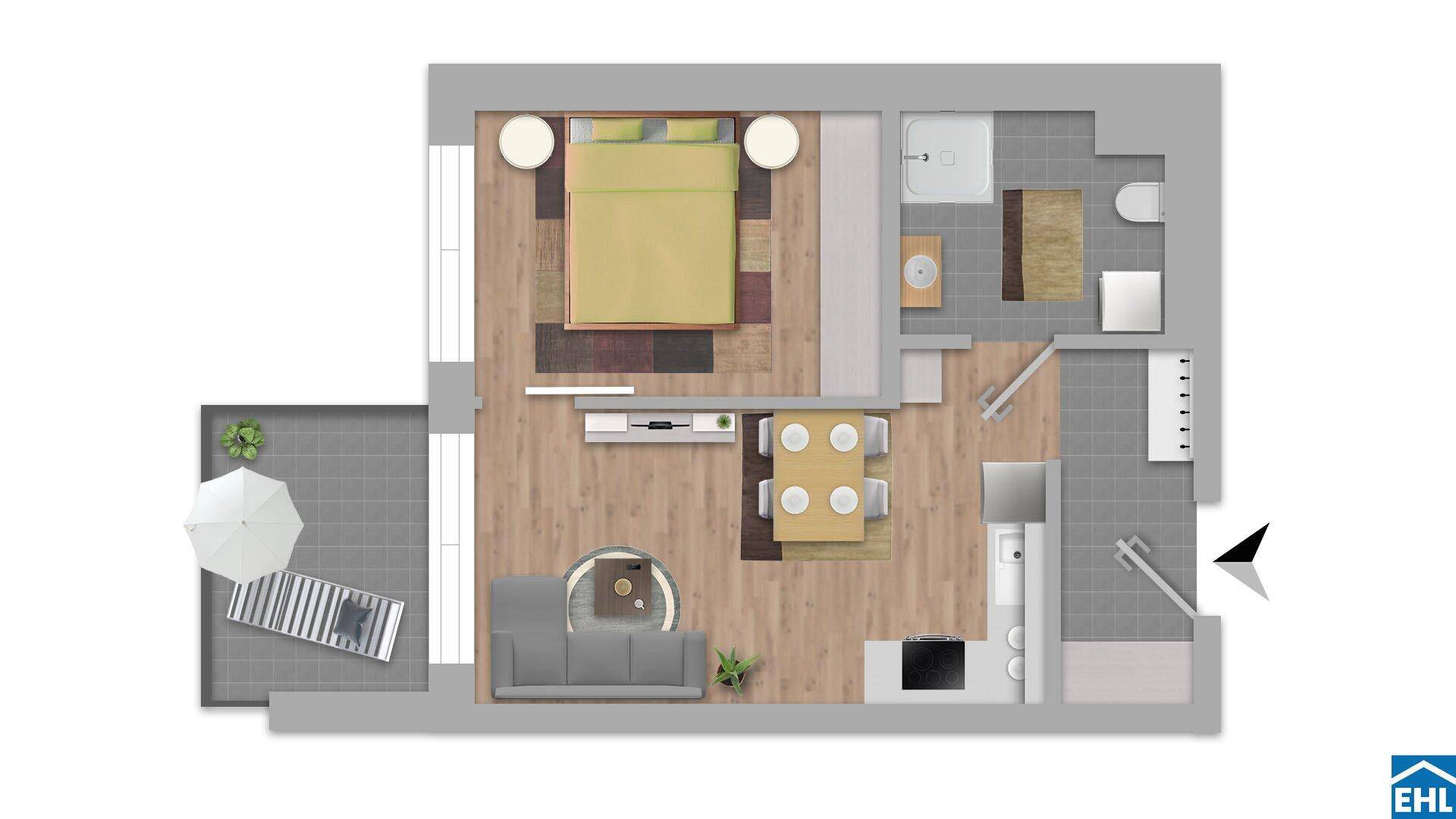 Grundriss einer modernen Einzimmerwohnung mit offenem Wohn-Schlafbereich, integrierter Küche und Balkon.