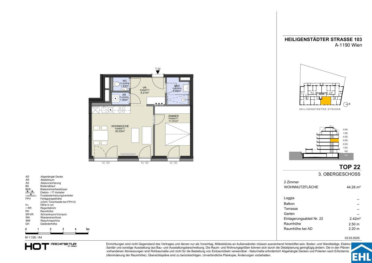 Grundriss der Wohnung Top 22 im 3. Obergeschoss mit Wohnküche und Schlafzimmer.
