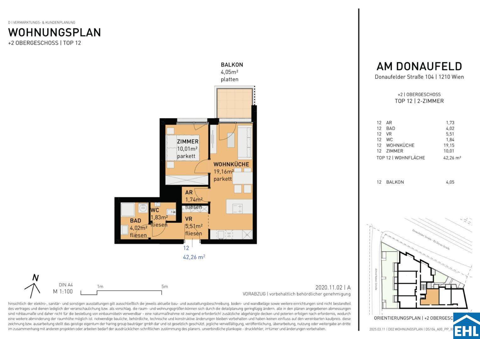 Grundriss einer Wohnung mit Wohnküche, Schlafzimmer, Bad und Balkon.