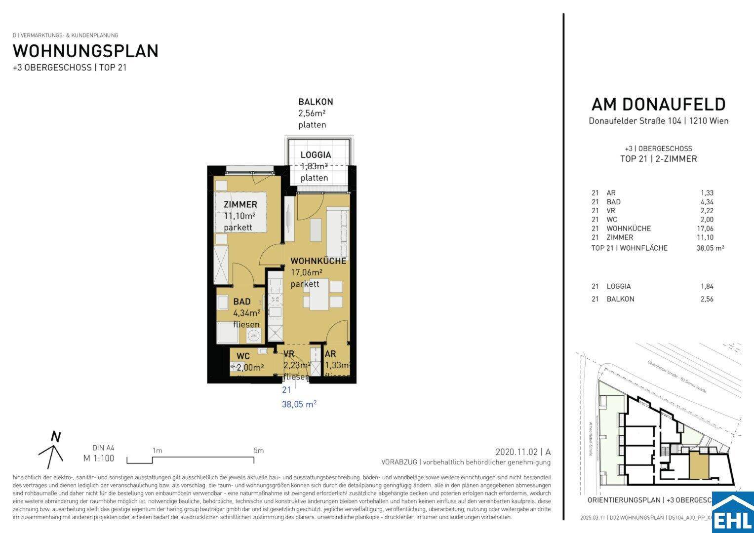 Grundriss des 3. Obergeschosses mit Wohnküche, Bad, WC, Balkon und Loggia.