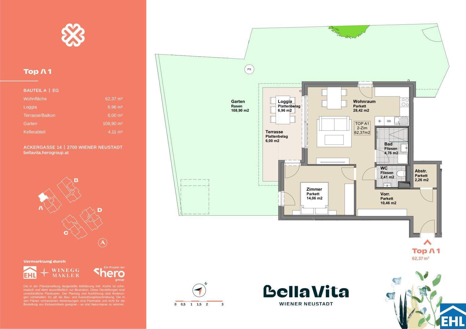 Grundrissplan einer 2-Zimmer-Wohnung mit offenem Wohnbereich, Loggia, Terrasse und Garten.