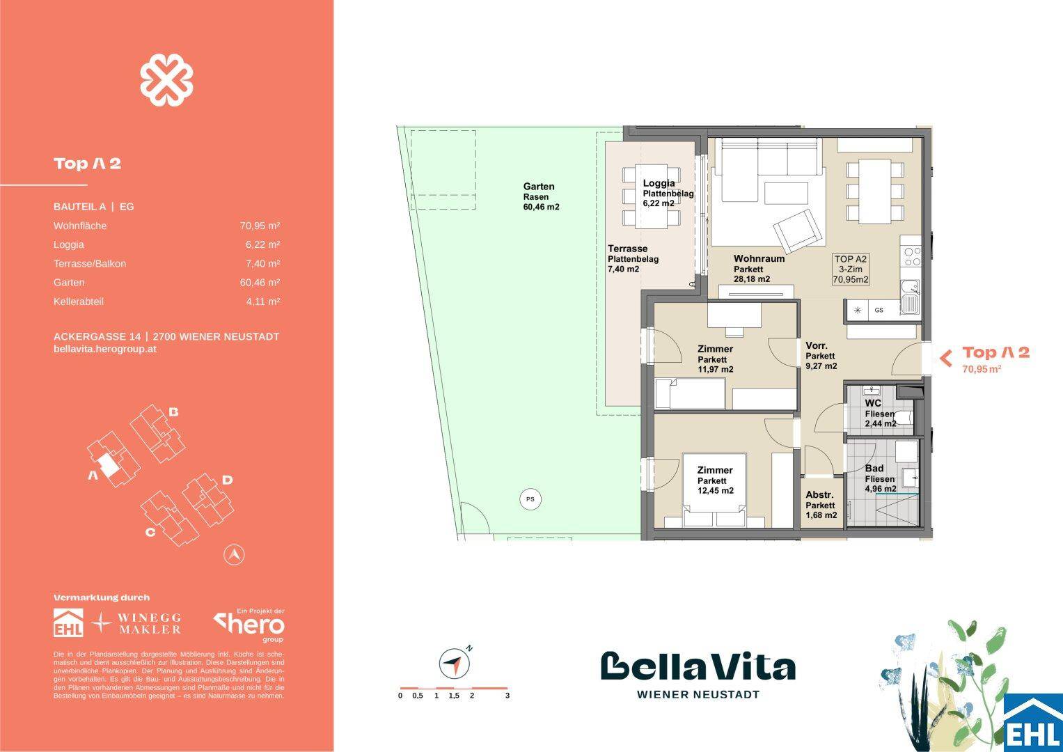 Grundriss der Wohnung Top A2 mit offenem Wohnbereich, zwei Zimmern, Bad, WC, Loggia, Terrasse und Garten.