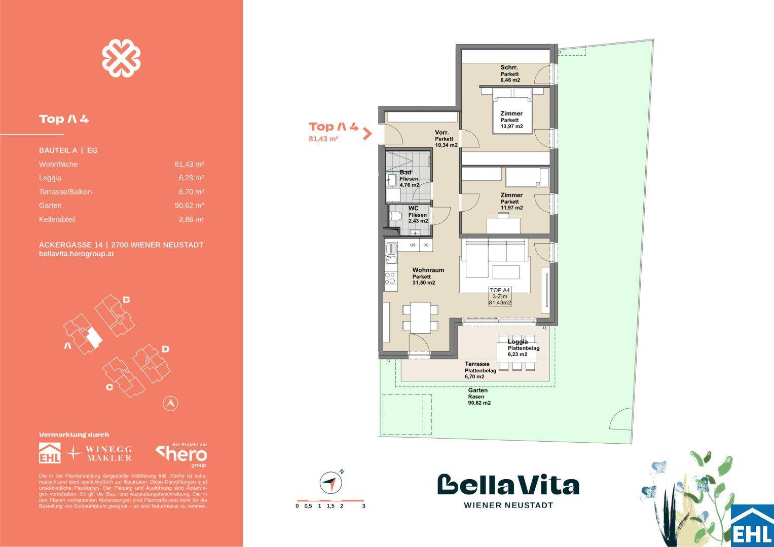 Grundriss der Wohnung Top A4 mit offenem Wohnbereich, zwei Schlafzimmern, Bad, separatem WC, Loggia, Terrasse und Garten.
