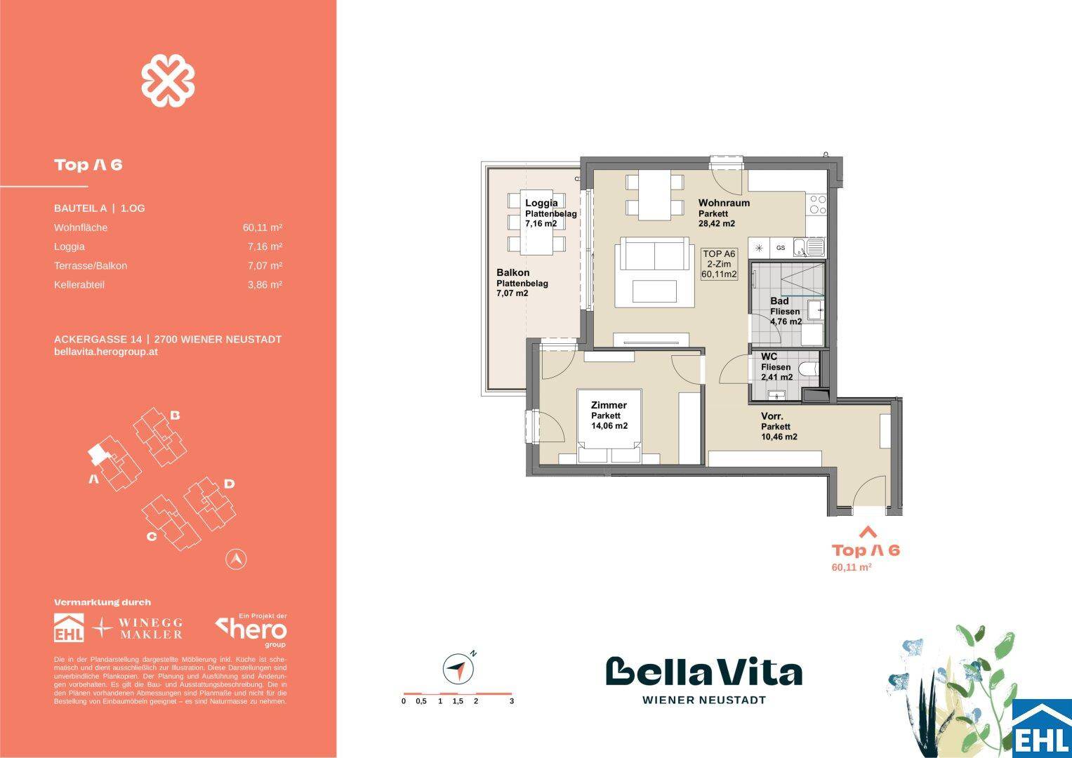 Grundriss der Wohnung Top A 6 mit offenem Wohnbereich, Schlafzimmer, Bad, separatem WC, Loggia und Balkon.