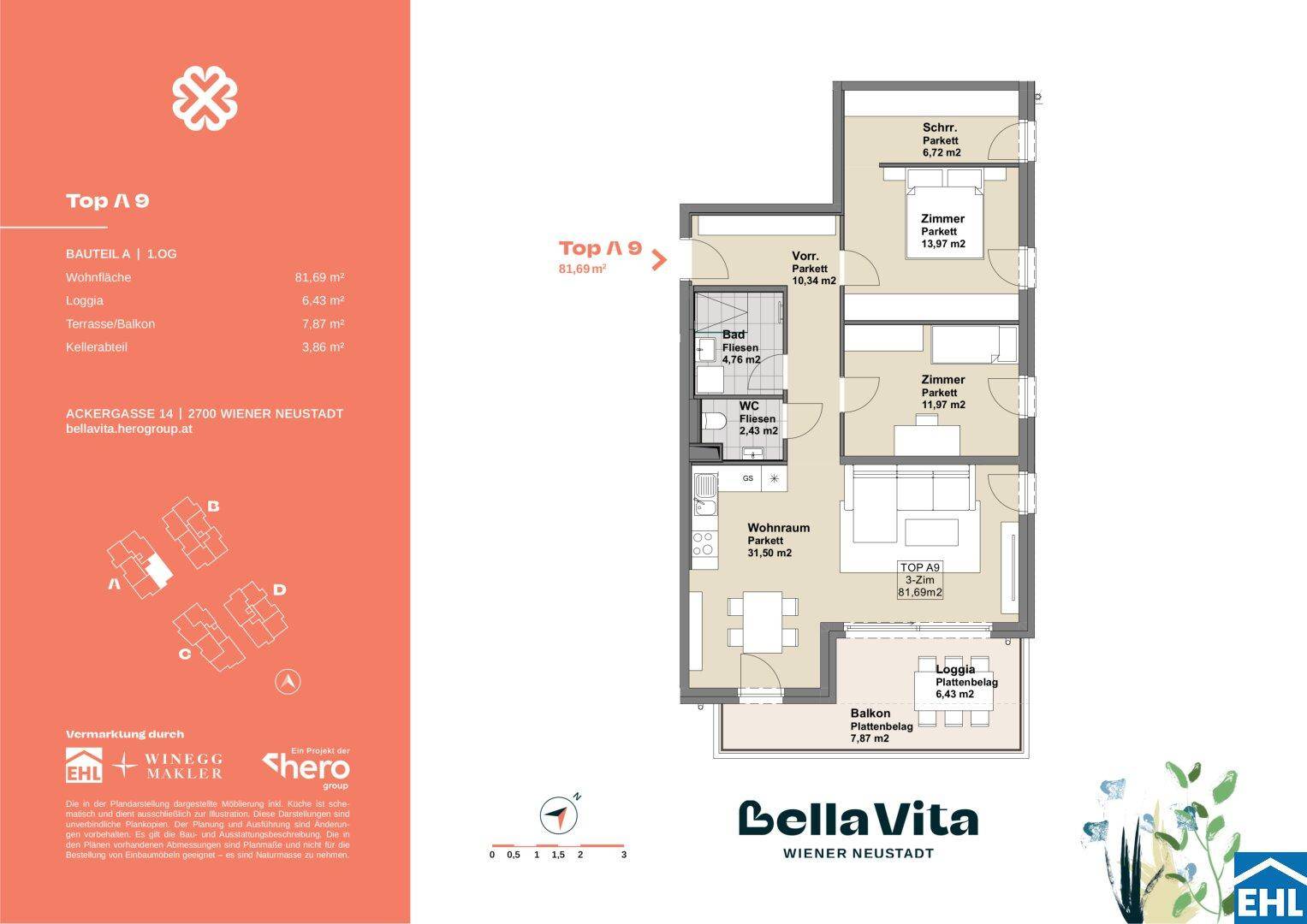 Detaillierter Grundriss einer 3-Zimmer-Wohnung mit offenem Wohnbereich, zwei Schlafzimmern, Bad, separatem WC, Loggia und Balkon.