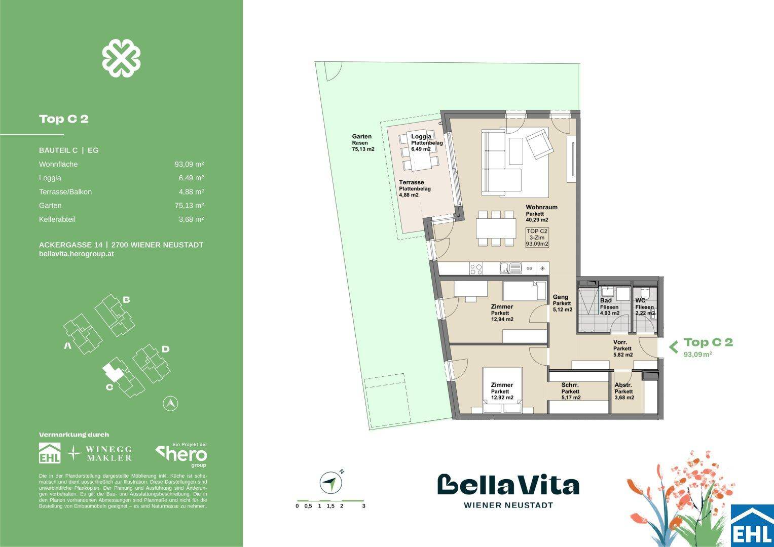 Detaillierter Grundriss einer 3-Zimmer-Wohnung mit offenem Wohnbereich, Loggia, Terrasse und privatem Garten.