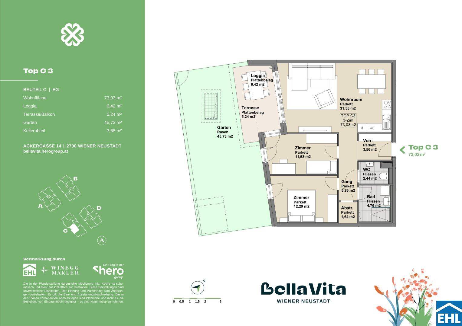 Grundriss der Gartenwohnung Top C3 mit offenem Wohnbereich, zwei Schlafzimmern, Loggia, Terrasse und Garten.