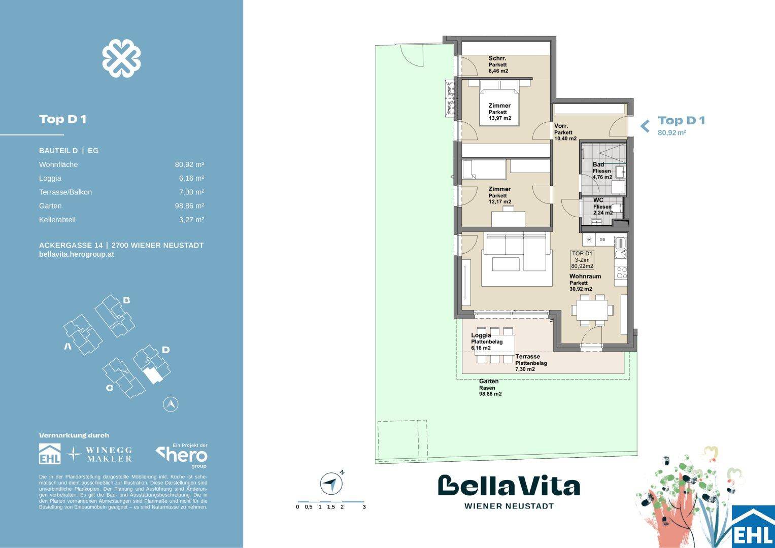Grundriss der Wohnung Top D1 mit offenem Wohnbereich, zwei Schlafzimmern, Loggia, Terrasse und Garten.