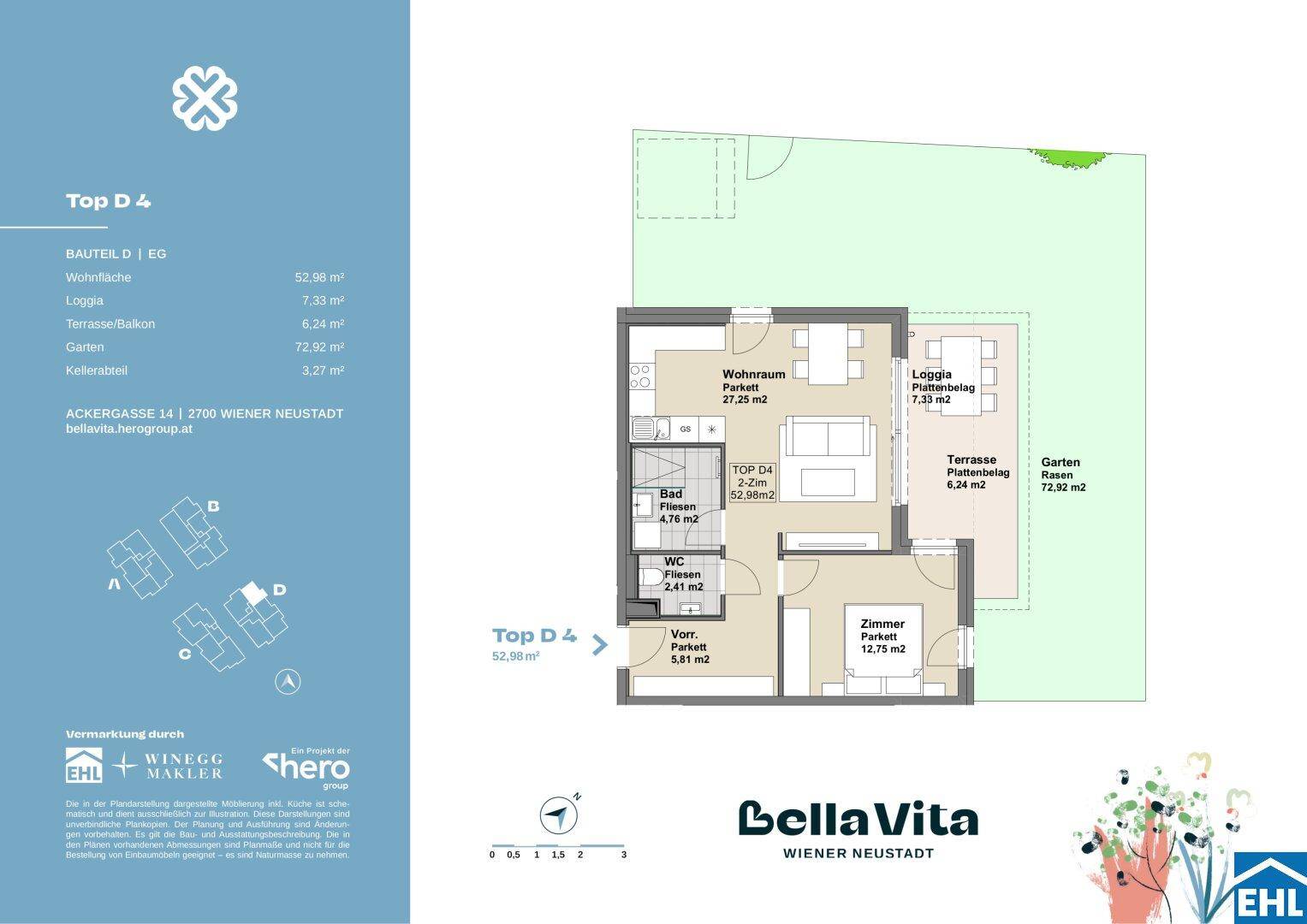 Grundriss der Wohnung Top D4 mit Wohnraum, Schlafzimmer, Bad, WC, Loggia, Terrasse und Garten.