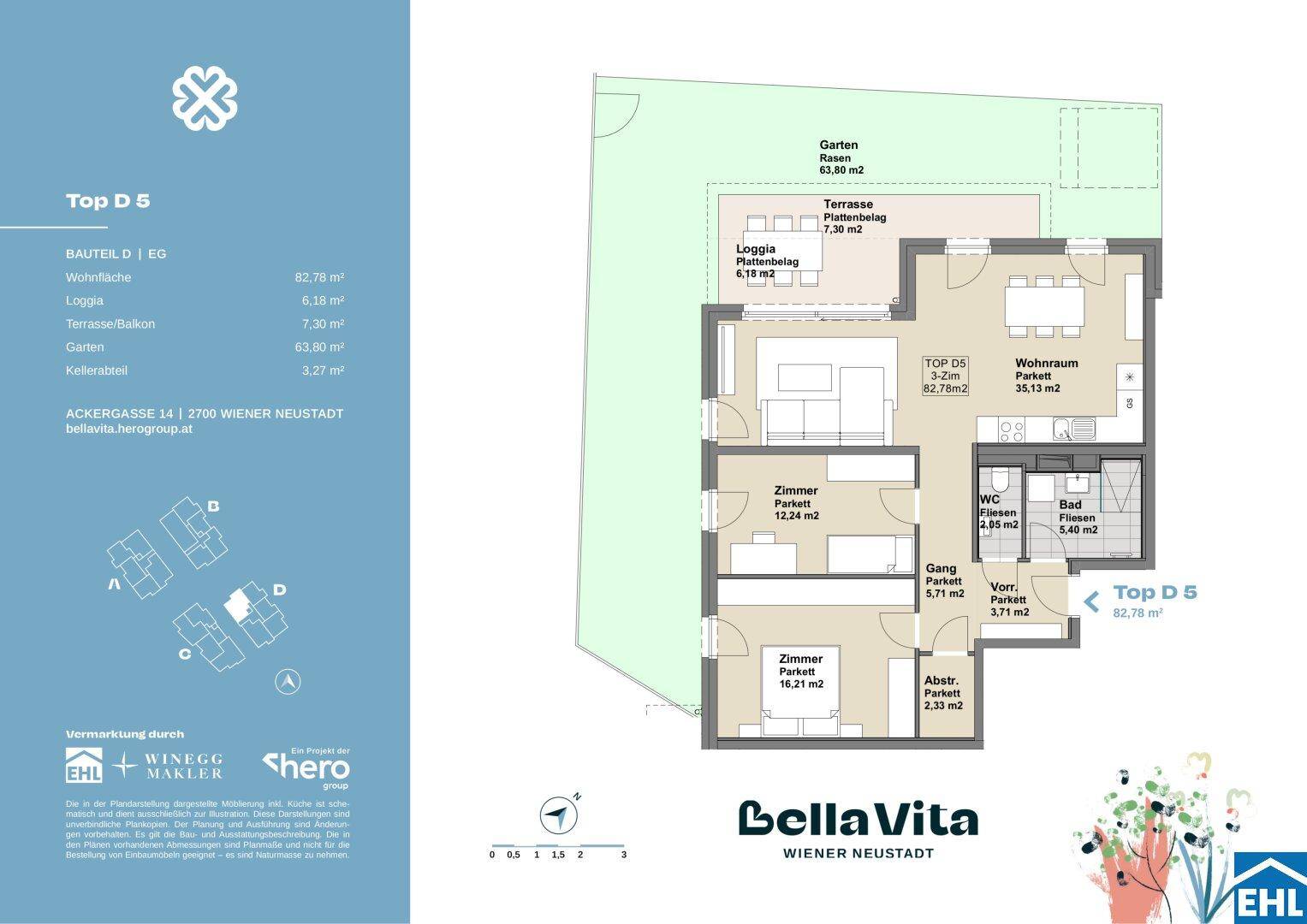 Grundrissplan einer 3-Zimmer-Wohnung mit offenem Wohnbereich, Loggia, Terrasse und Garten.