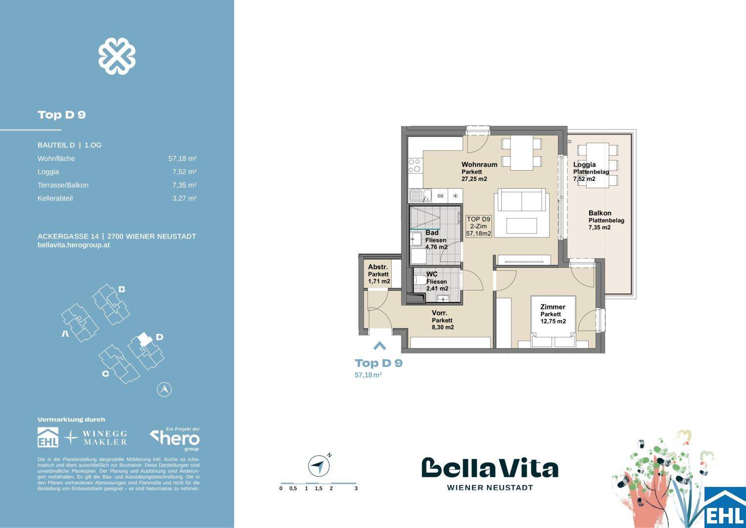 Grundriss der Wohnung Top D9 mit Wohnraum, Schlafzimmer, Bad, separatem WC, Loggia und Balkon.