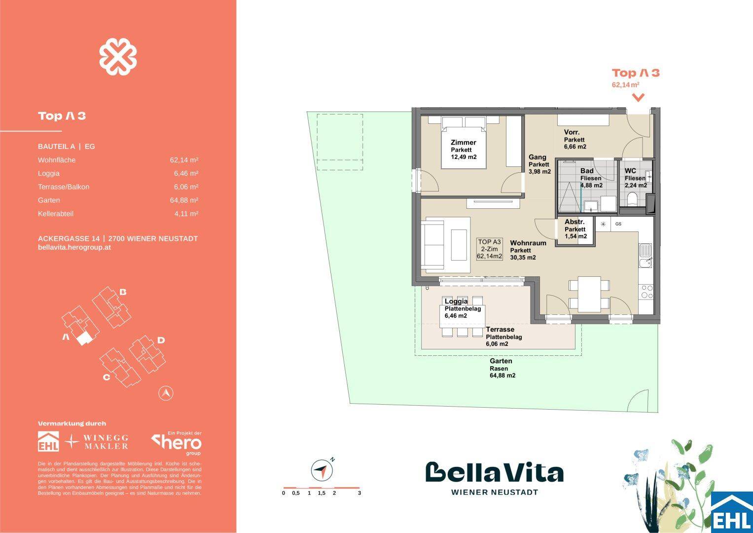 Grundriss einer 2-Zimmer-Wohnung mit offenem Wohnraum, Schlafzimmer, Bad, separatem WC, Loggia, Terrasse und Garten.