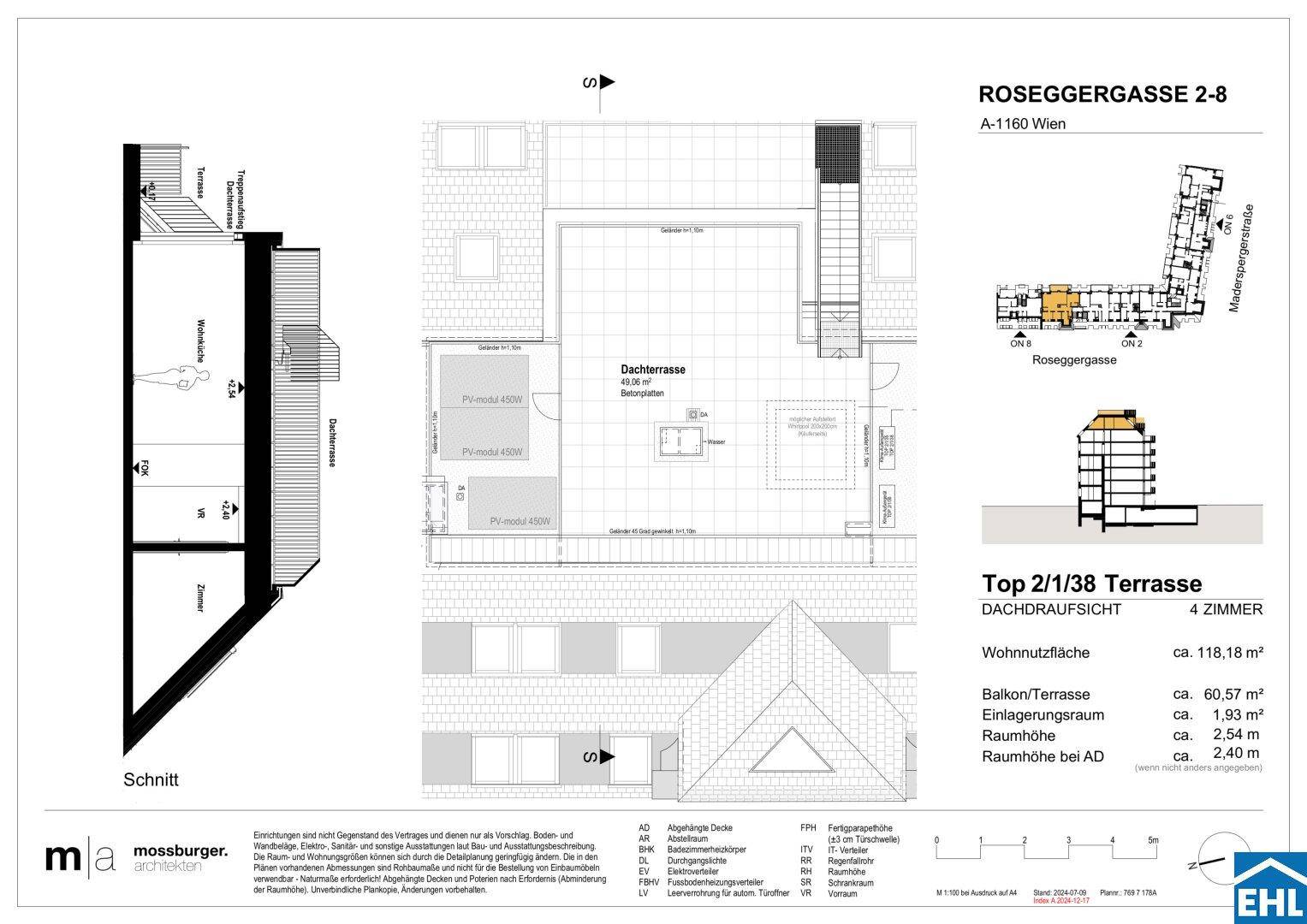 Grundriss der Dachterrasse mit Schnittansicht und Details zur Gestaltung des Außenbereichs der Wohnung.