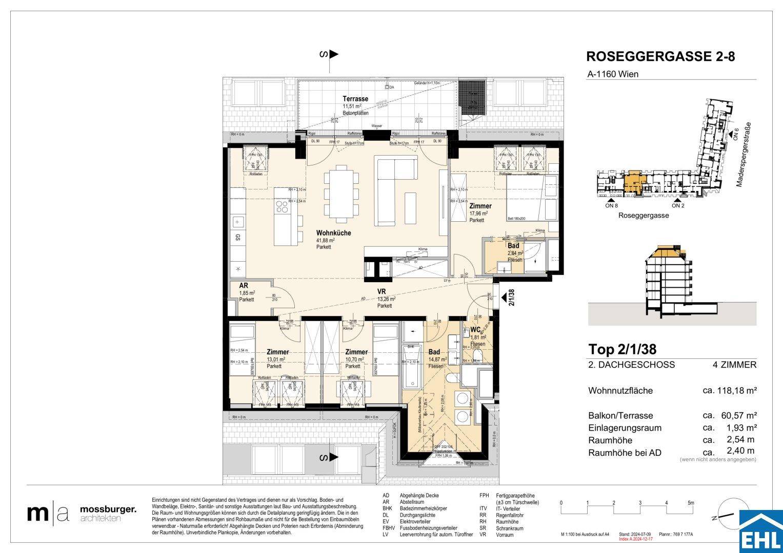 Grundriss einer Dachgeschosswohnung mit offener Wohnküche, mehreren Zimmern, Bädern und einer Terrasse.