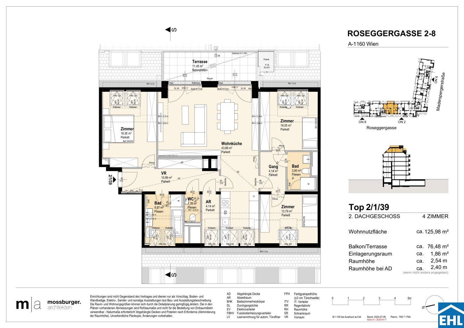 Grundriss einer Dachgeschosswohnung mit großer Wohnküche, drei Schlafzimmern, zwei Bädern und einer Terrasse.