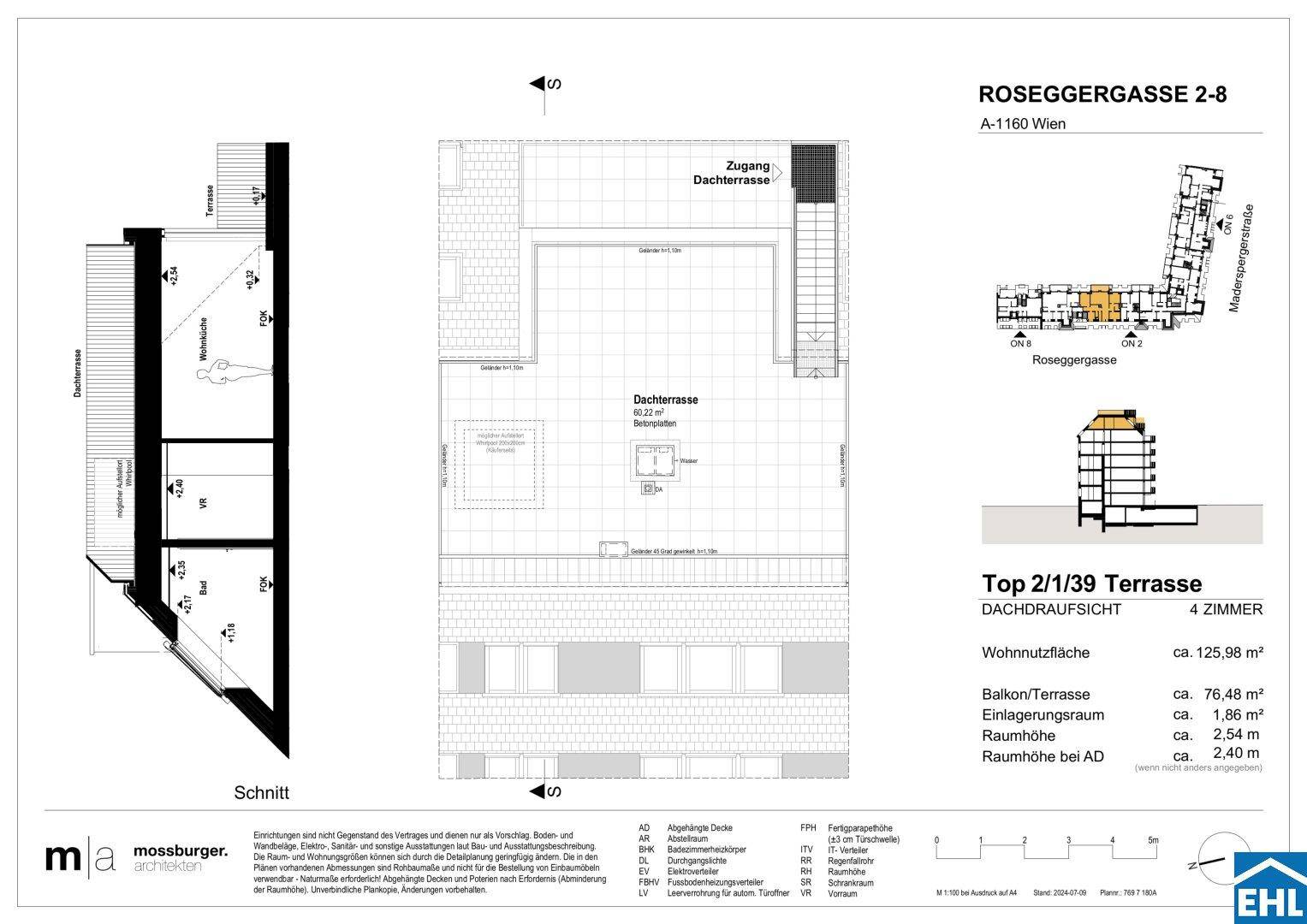 Grundriss der Dachterrasse mit Zugang von der Wohnung, bietet viel Platz im Freien.