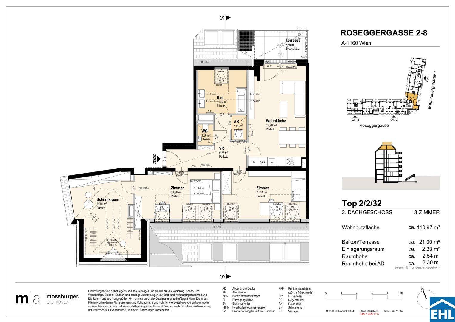 Grundriss einer 3-Zimmer-Wohnung im Dachgeschoss mit offener Wohnküche, zwei Schlafzimmern und einer Terrasse.