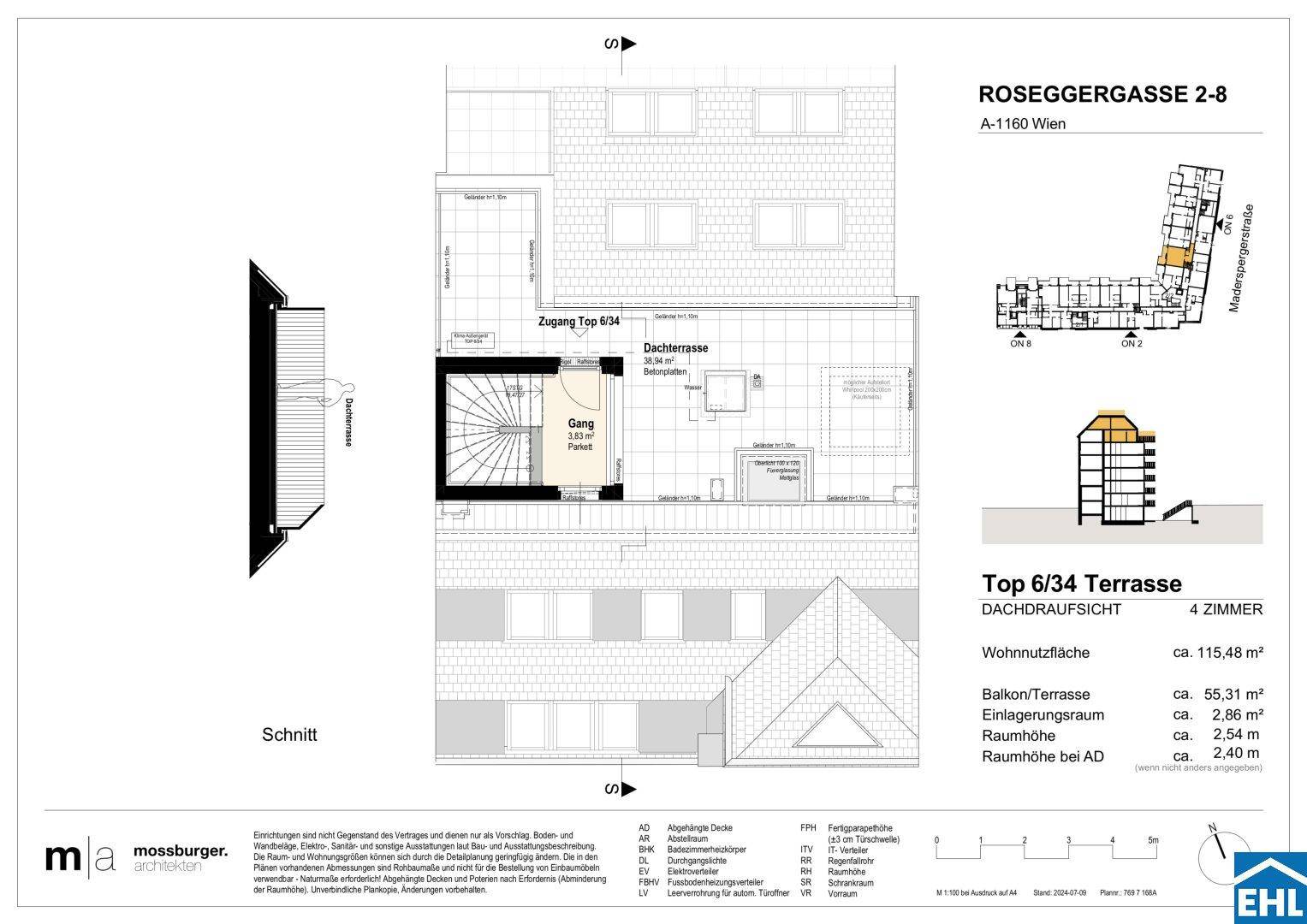 Dachaufsicht mit großer Dachterrasse, Balkon und Zugang zum Treppenhaus.