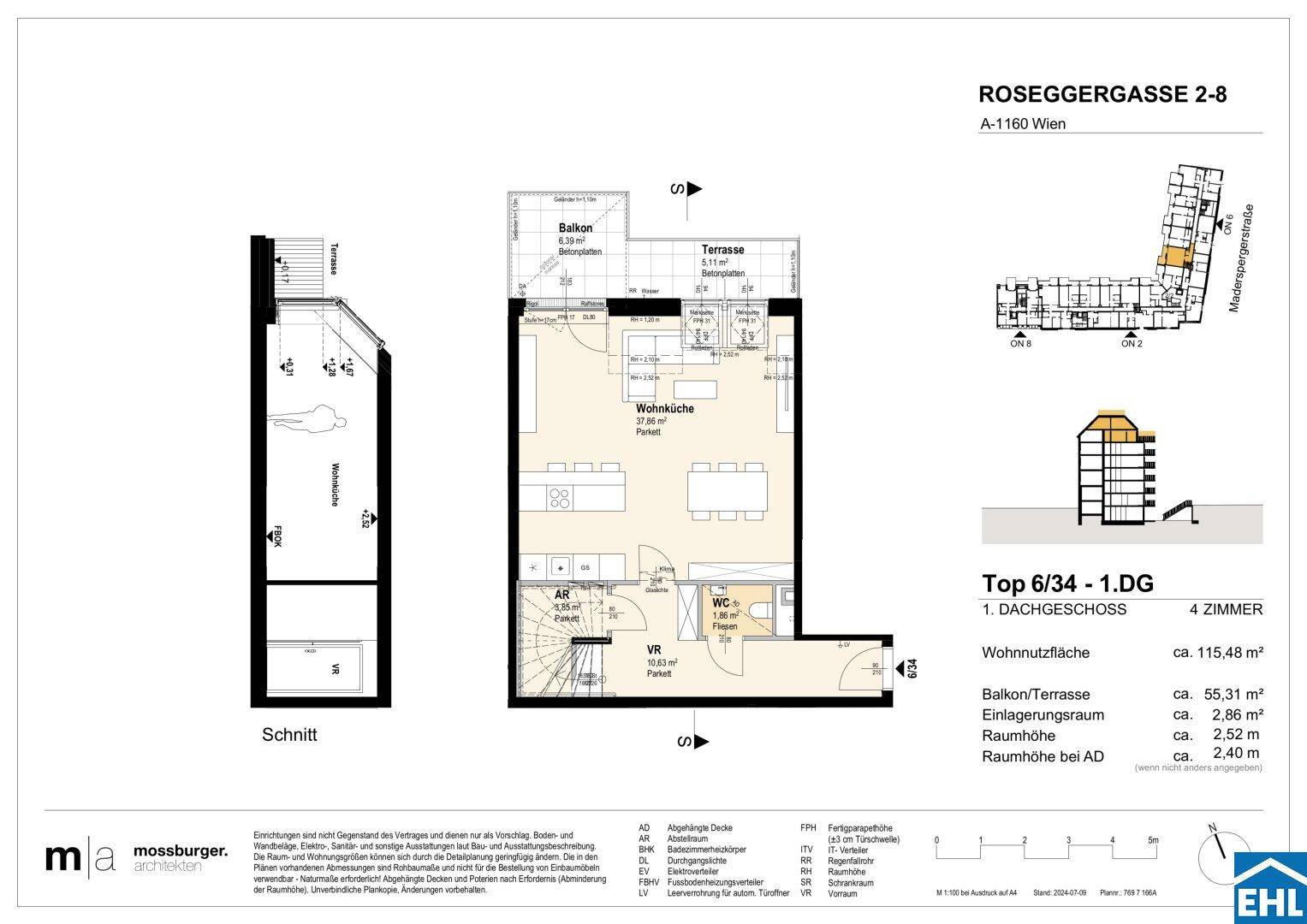 Grundriss des ersten Dachgeschosses mit offener Wohnküche, Balkon und Terrasse.