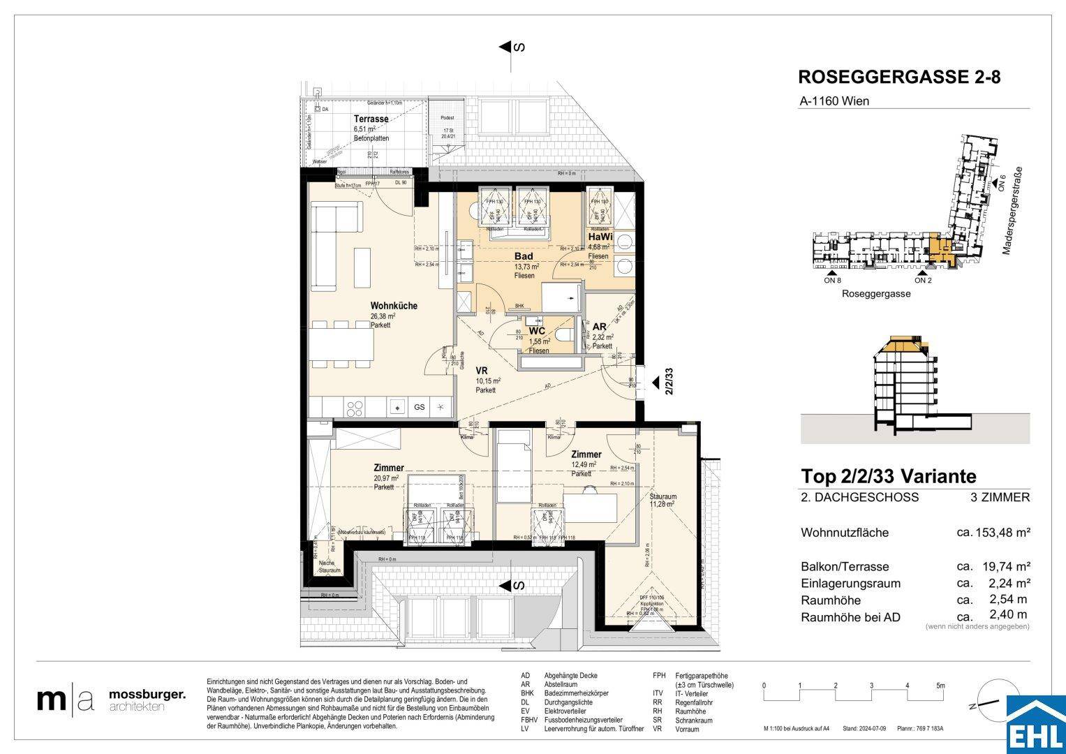 Grundriss einer Dachgeschosswohnung mit offener Wohnküche, zwei Zimmern und Terrasse.