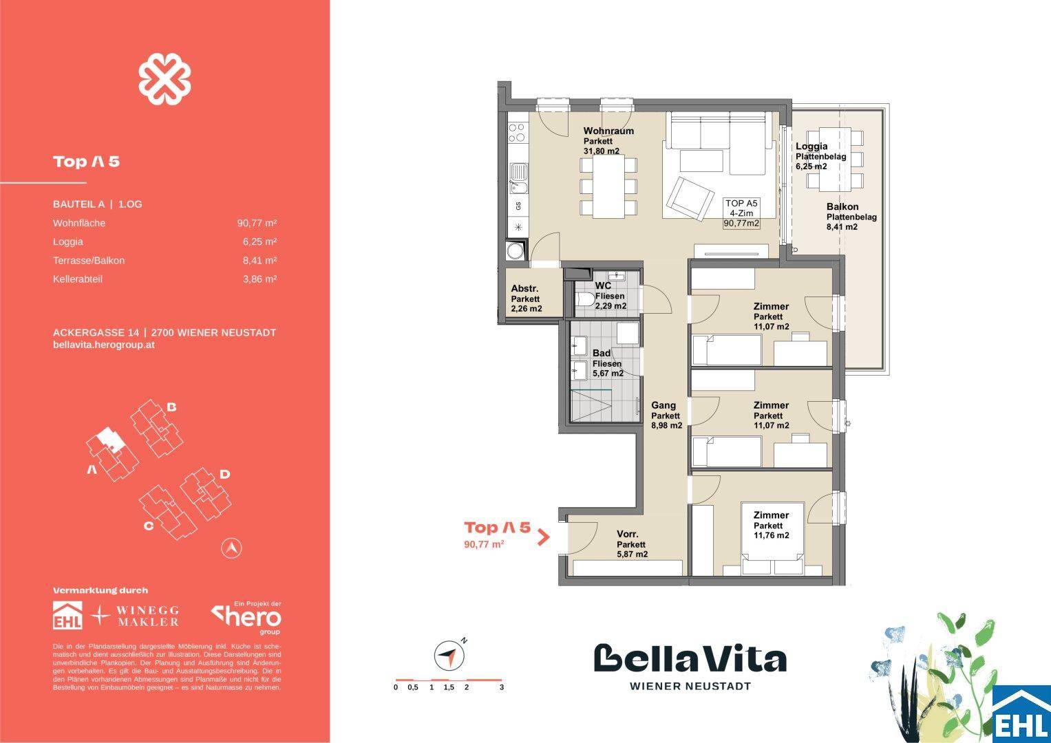 Grundriss einer 90,77 m² großen 4-Zimmer-Wohnung mit offenem Wohnbereich, Loggia und Balkon.