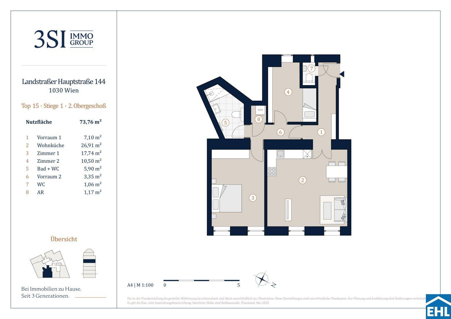 Grundriss einer modernen Wohnung mit offener Wohnküche, zwei Schlafzimmern und zwei Bädern.