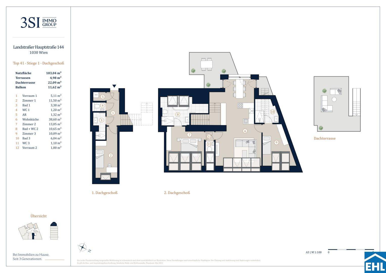 Grundriss einer Maisonette-Wohnung über zwei Dachgeschosse mit separater Dachterrasse und mehreren Zimmern.