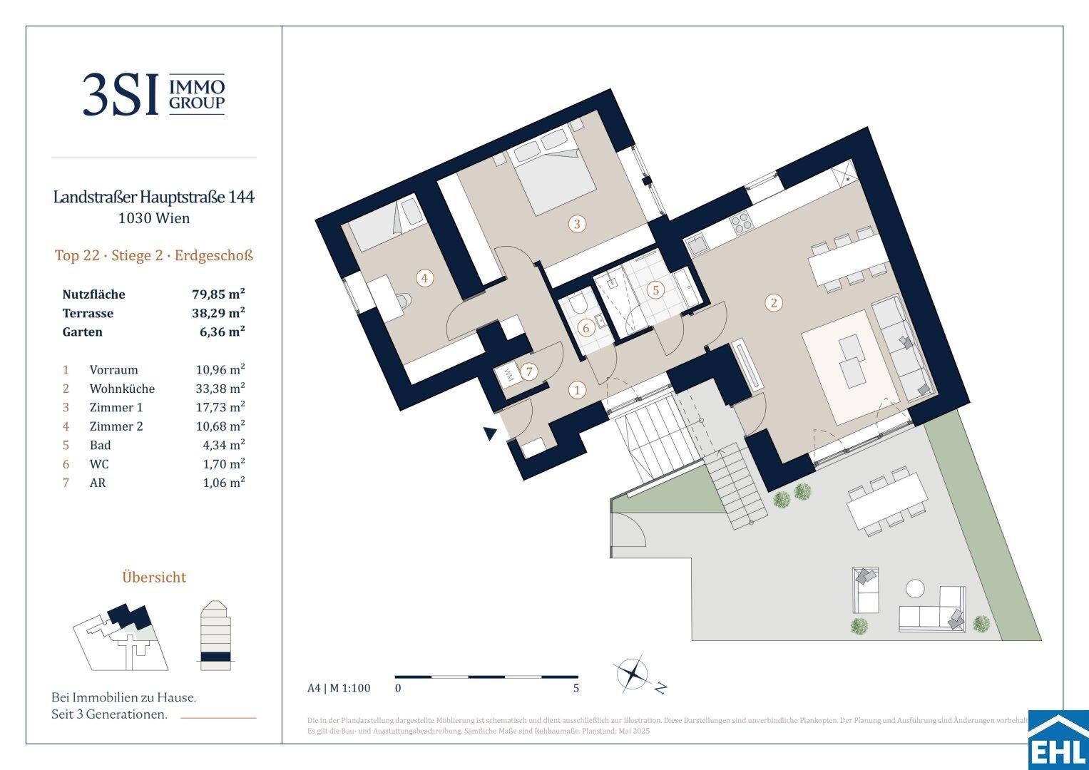 Grundriss einer Erdgeschosswohnung mit offenem Wohnbereich, zwei Schlafzimmern, großer Terrasse und kleinem Garten.