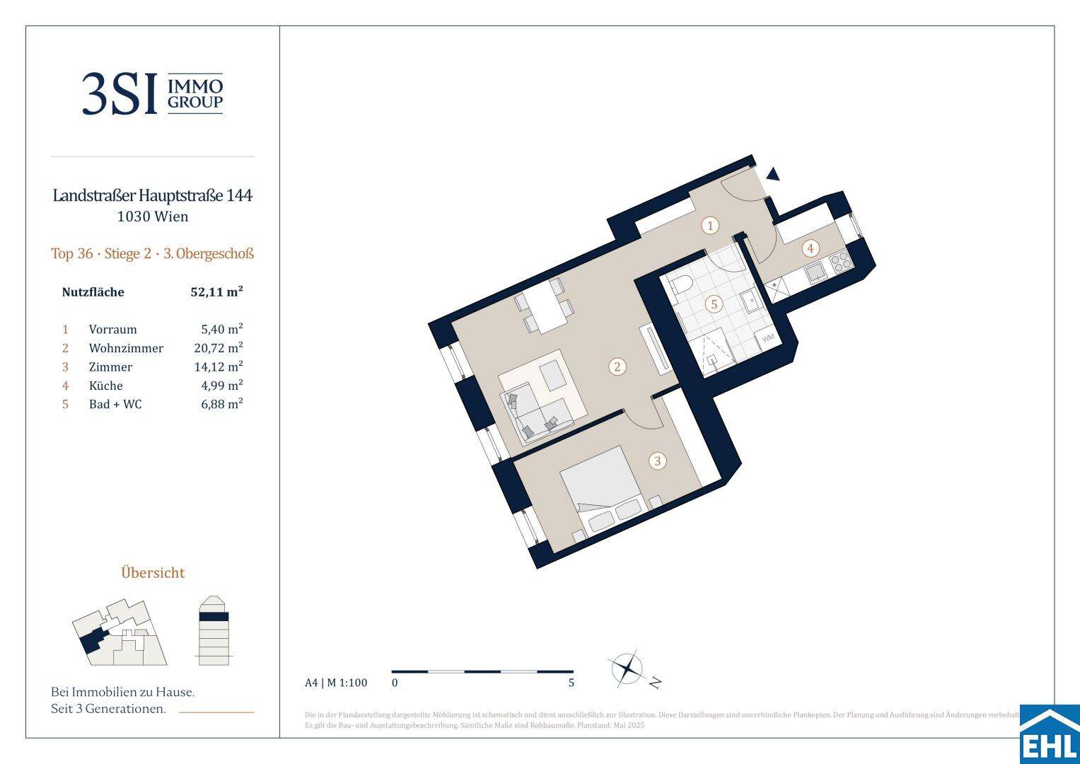 Grundriss einer kompakten Wohnung mit separater Küche, einem Schlafzimmer und einem Badezimmer.