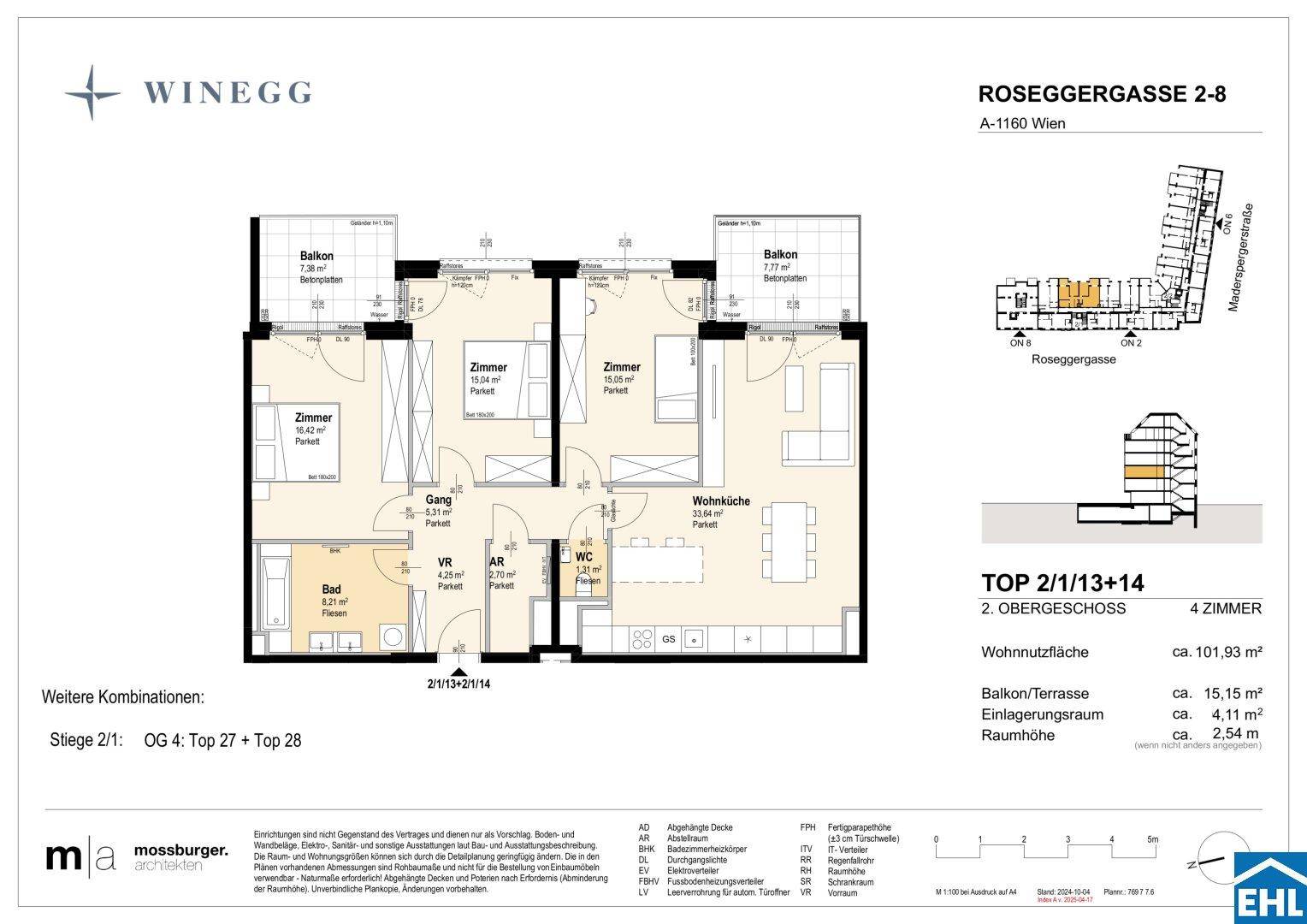 Grundriss einer Obergeschosswohnung mit offener Wohnküche, mehreren Zimmern, Bad, WC und zwei Balkonen.